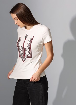 Women's t-shirt of milk colour with embroidery - "Trident with a cross3 photo