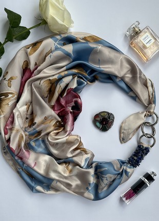 Scarf "Blue sakura in the morning garden”” from the brand MyScarf. Decorated with natural turquoise4 photo