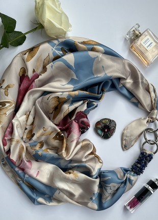 Scarf "Blue sakura in the morning garden”” from the brand MyScarf. Decorated with natural turquoise5 photo