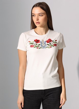 Milk-coloured women's T-shirt with "Trident in Poppies" embroidery1 photo