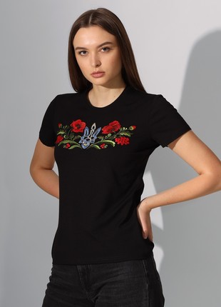 Women's black t-shirt with embroidery - "Trident in poppies"1 photo