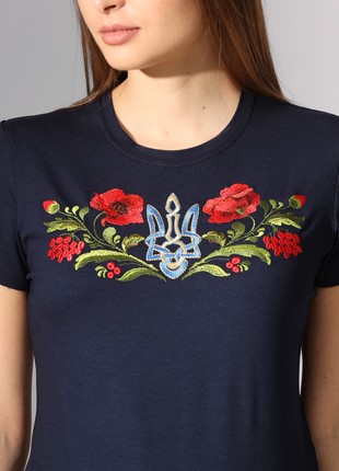 Women's black t-shirt with embroidery - "Trident in poppies"2 photo