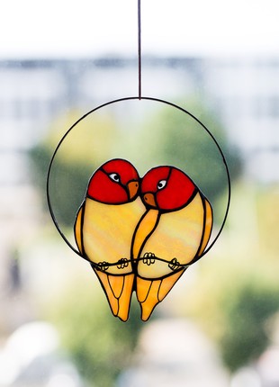 Yellow parrots two sun catcher Birds Stained Glass Decor Home House Window Wall Hangings
