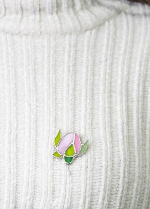 Peony flower stained glass brooch4 photo