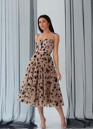 Elegant corset beige dress below the knees