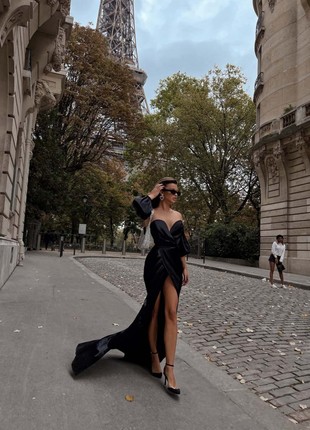 Sexy long black sheath dress with puffy sleeves6 photo