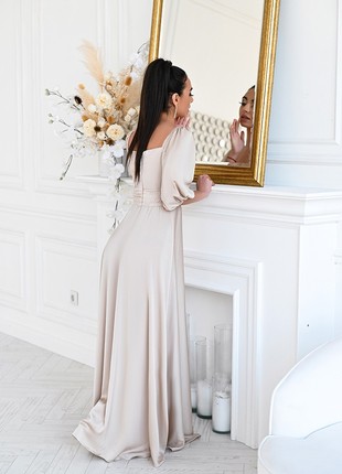 Elegant satin beige floor-length dress4 photo