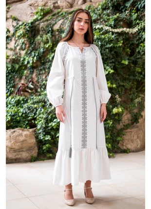 White linen dress with silver embroidery1 photo