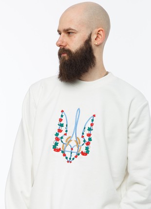 Men's sweatshirt with  "Red kalyna trident" embroidery white