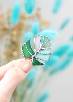 Variegated monstera stained glass brooch2 photo