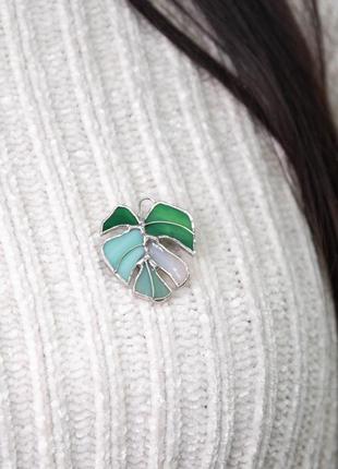 Variegated monstera stained glass brooch4 photo