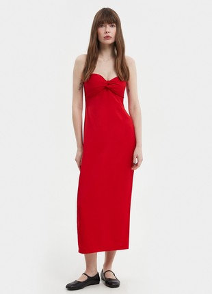 Red elongated midi bustier dress with viscose