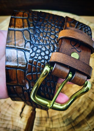 Handmade belt | cognac color| Brass | Crocodile style2 photo