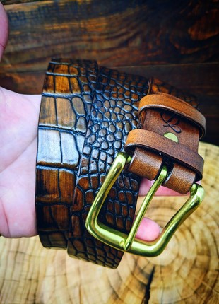 Handmade belt | cognac color| Brass | Crocodile style3 photo