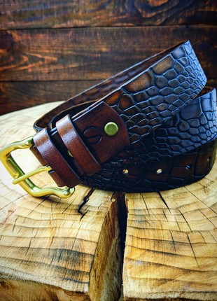 Handmade belt | cognac color| Brass | Crocodile style4 photo