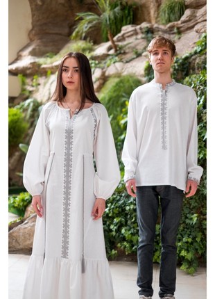 Men's white linen shirt with silver embroidery