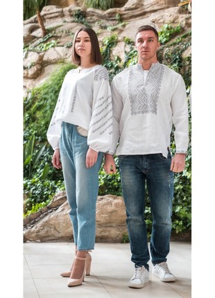 White linen collection for couples look with silver embroidery  Podillia