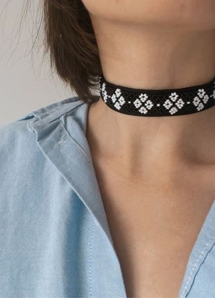 Minimalist folk style beaded necklace Ribbon gerdan necklace Black bead choker Ukraine style2 photo