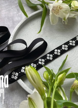 Minimalist folk style beaded necklace Ribbon gerdan necklace Black bead choker Ukraine style3 photo
