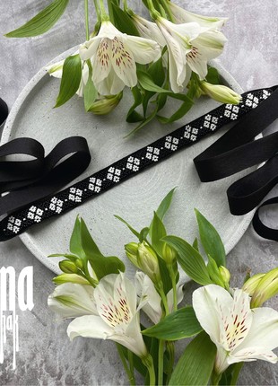 Minimalist folk style beaded necklace Ribbon gerdan necklace Black bead choker Ukraine style5 photo