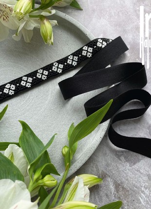 Minimalist folk style beaded necklace Ribbon gerdan necklace Black bead choker Ukraine style6 photo