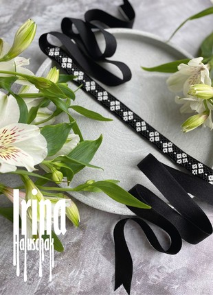 Minimalist folk style beaded necklace Ribbon gerdan necklace Black bead choker Ukraine style1 photo