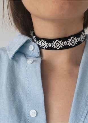 Minimalist folk style beaded necklace Ribbon gerdan necklace Black bead choker2 photo