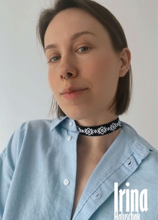 Minimalist folk style beaded necklace Ribbon gerdan necklace Black bead choker5 photo