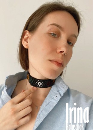 Handmade Ukrainian Beaded Necklace on Black Ribbon - Traditional Folk Design for Authentic Ethnic Look4 photo