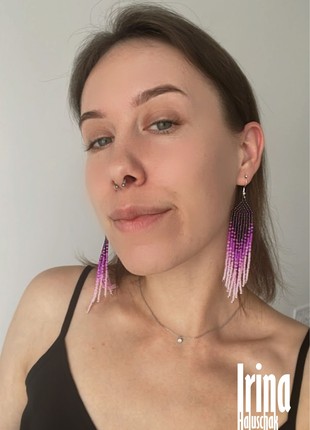Dark violet and pink bead earrings Chandelier women earrings Beaded fringe jewelry6 photo