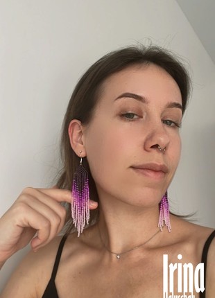 Dark violet and pink bead earrings Chandelier women earrings Beaded fringe jewelry7 photo