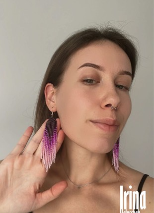Dark violet and pink bead earrings Chandelier women earrings Beaded fringe jewelry3 photo