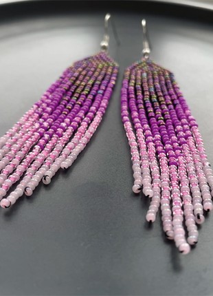 Dark violet and pink bead earrings Chandelier women earrings Beaded fringe jewelry