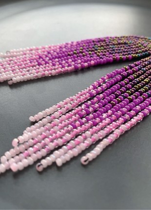 Dark violet and pink bead earrings Chandelier women earrings Beaded fringe jewelry4 photo