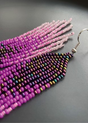 Dark violet and pink bead earrings Chandelier women earrings Beaded fringe jewelry2 photo