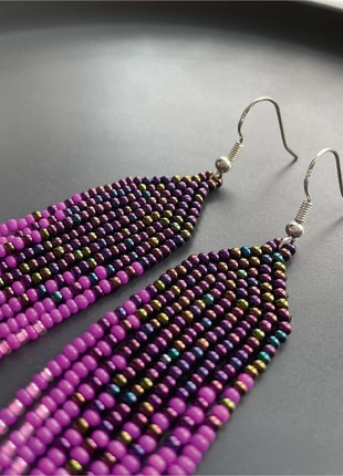 Dark violet and pink bead earrings Chandelier women earrings Beaded fringe jewelry5 photo