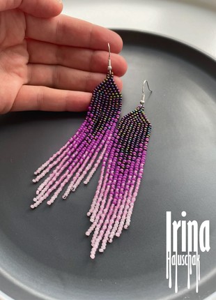 Dark violet and pink bead earrings Chandelier women earrings Beaded fringe jewelry9 photo
