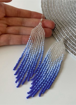 Bead silver earrings Beaded earrings Gradient blue earrings Tassel earrings