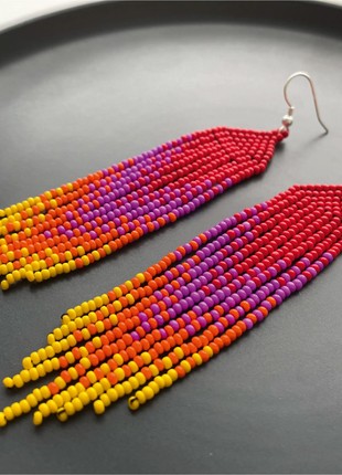 Red bead earrings Gradient boho beaded earrings Statement fringe jewelry Bohemian