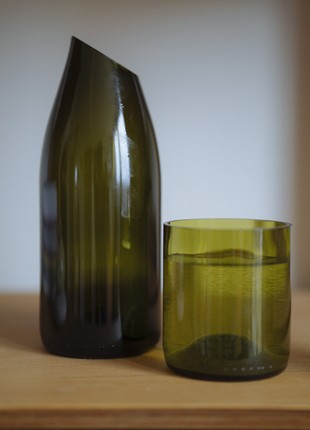 A set of a dark glass jar and two glasses made of recycled glass2 photo