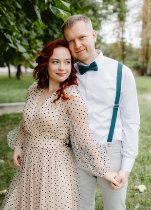 Elegant beige airy dress with black polka dots6 photo