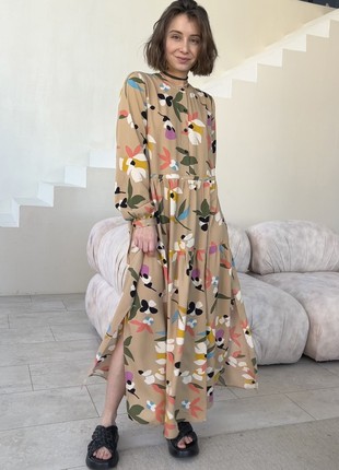 Beige Floral Shirt Dress With Slits Shtoyko