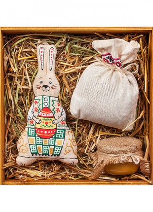 Easter gift set.Wooden box,Easter bunny with Easter egg, Carpathian herbal tea,honey,hay.
