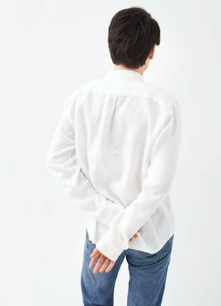Mens stand-up collar linen shirt with embroidery "Swallow"2 photo