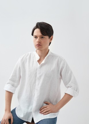 Mens stand-up collar linen shirt with embroidery "Swallow"4 photo