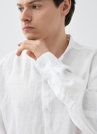 Mens stand-up collar linen shirt with embroidery "Swallow"5 photo