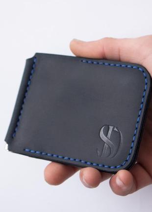 Leather money clip prime on magnetic buttons, dark blue