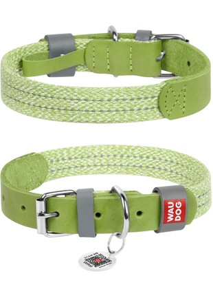WAUDOG Classic genuine leather and recycled cotton dog collar, L, W 25 mm, L 38-49 cm Green1 photo