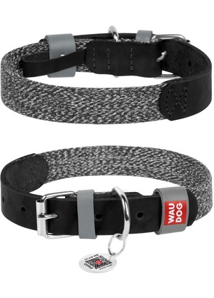 WAUDOG Classic genuine leather and recycled cotton dog collar, M, W 20 mm, L 30-39 cm Black