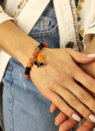 Bracelet with natural minerals and pendant "Bat & Pumpkin"